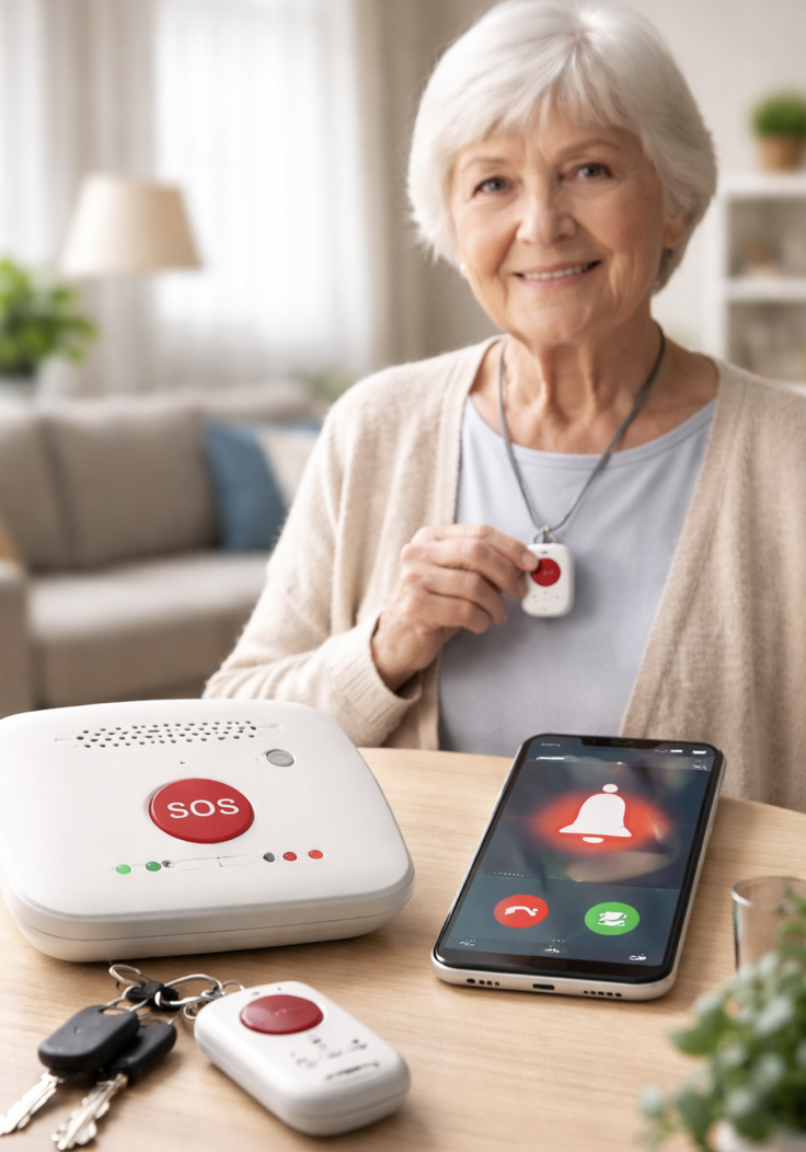An elderly woman wearing a panic alarm pendant and holding an emergency panic button device at home, illustrating how seniors can quickly call for help in case of an emergency.